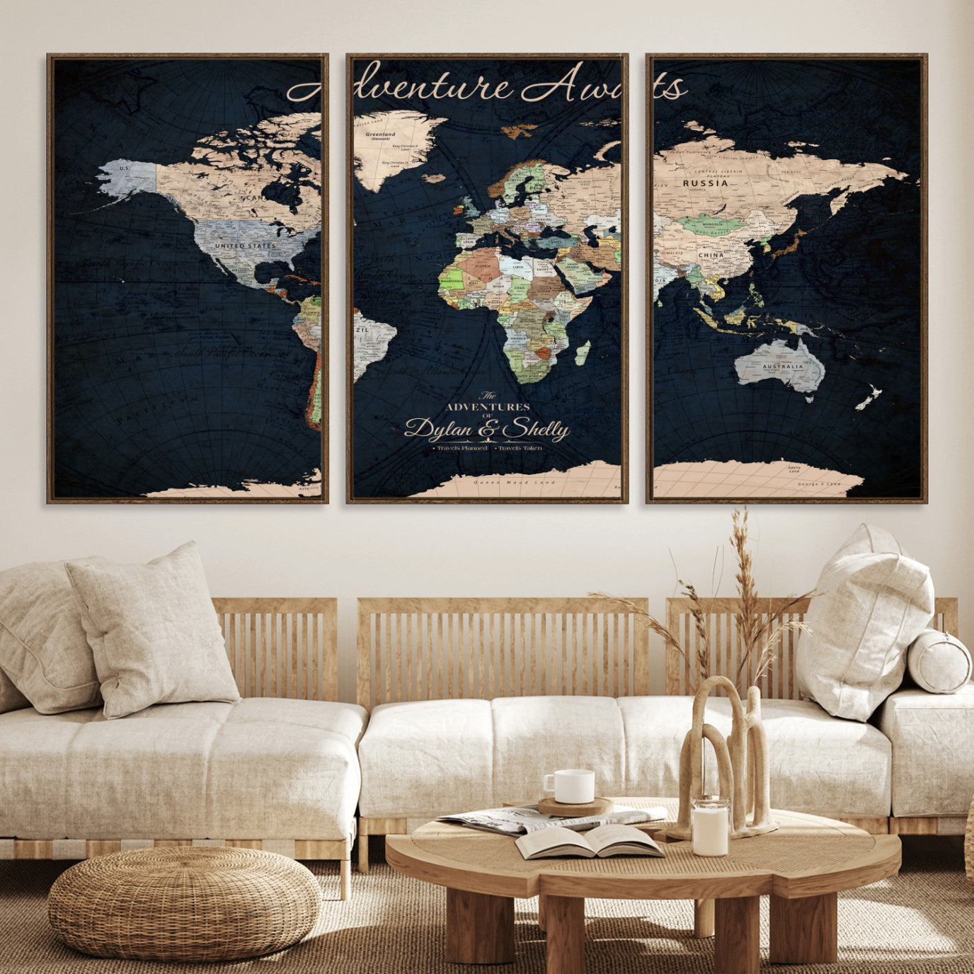 Rehber01-MGV-CV-36X24-Personalized World Map Canvas Print – Framed Push Pin Travel Wall Art for Couples – Adventure & Anniversary Gift