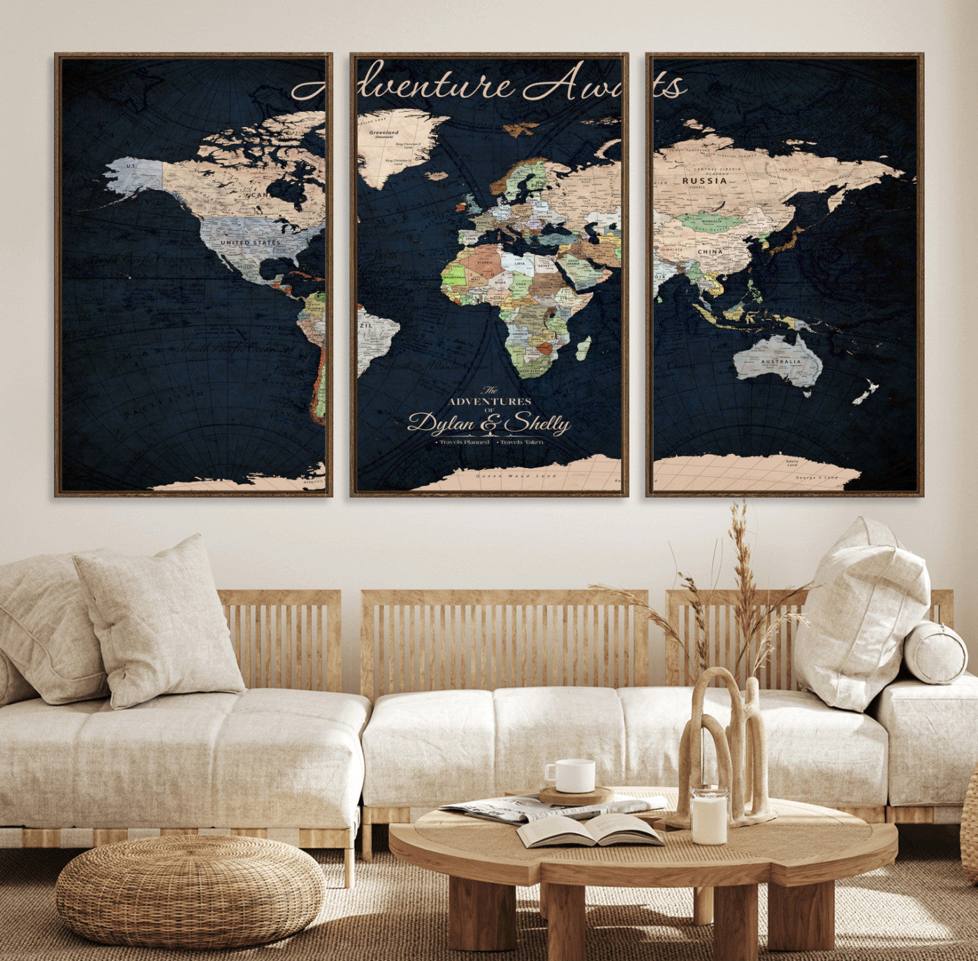 Rehber01-MGV-CV-36X24-Personalized World Map Canvas Print – Framed Push Pin Travel Wall Art for Couples – Adventure & Anniversary Gift
