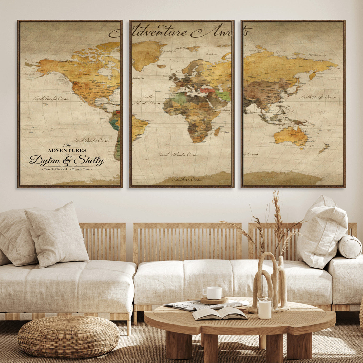 Rehber01-MGV-CV-36X24-Personalized World Map Canvas – Custom Framed Push Pin Travel Map Wall Art, Rustic Vintage Gift for Couples and Travel Lovers