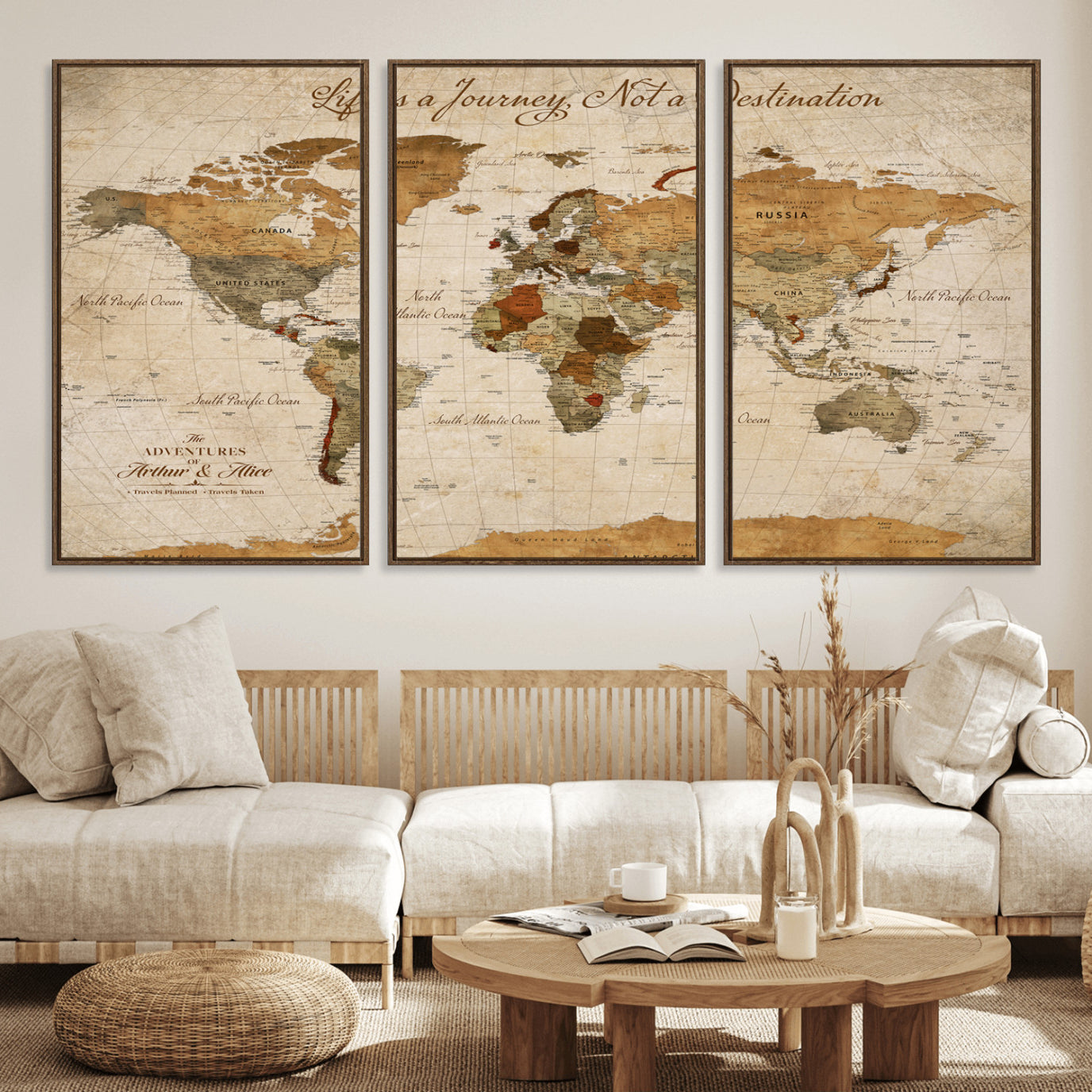 Rehber01-MGV-CV-36X24-Personalized Vintage World Map Canvas – Custom Framed Push Pin Travel Map Wall Art, Rustic Gift for Couples and Travel Lovers