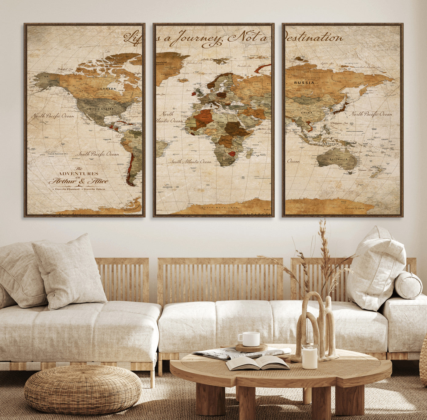 Rehber01-MGV-CV-36X24-Personalized Vintage World Map Canvas – Custom Framed Push Pin Travel Map Wall Art, Rustic Gift for Couples and Travel Lovers