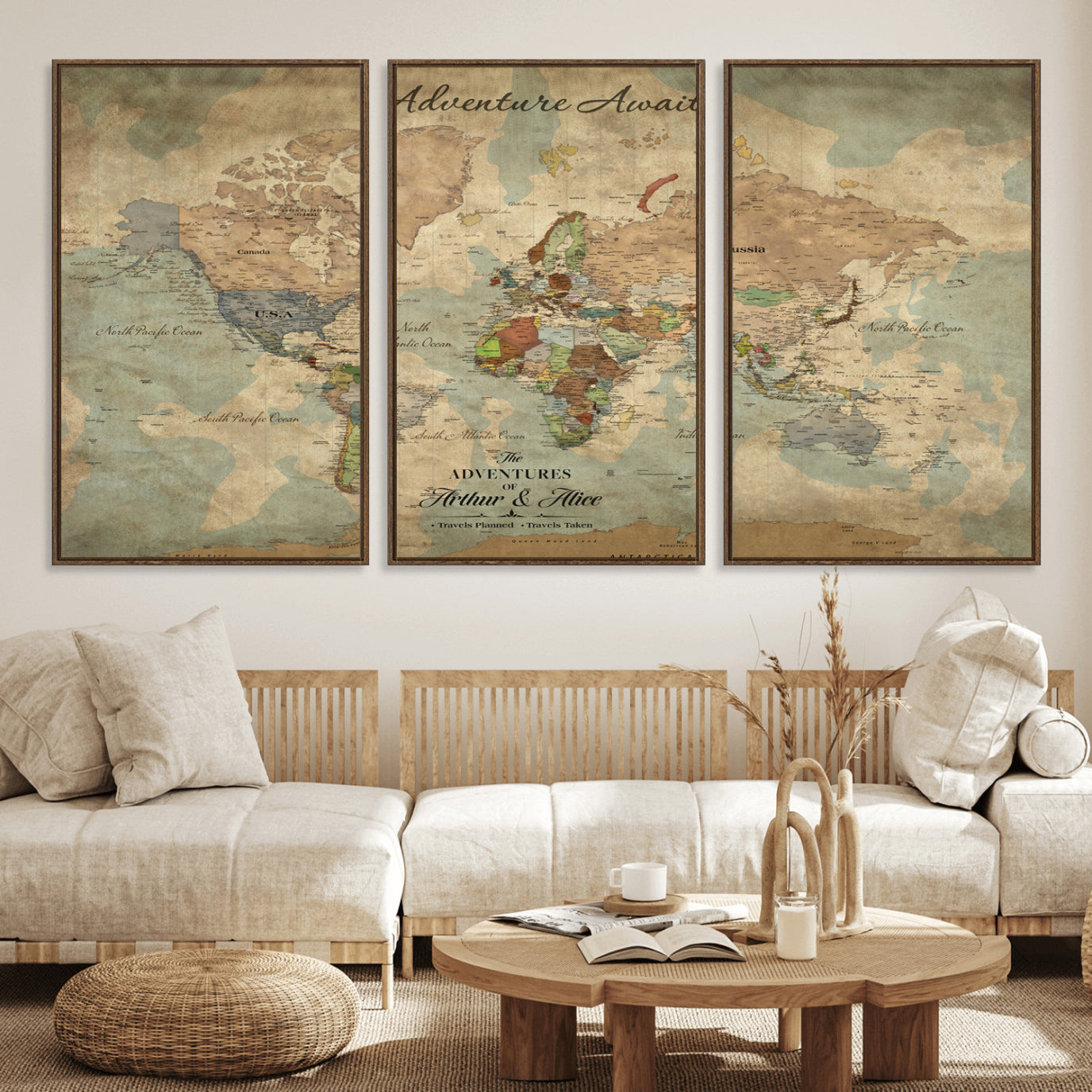 Rehber01-MGV-CV-36X24-Personalized Vintage World Map Canvas Print – Custom Push Pin Travel Map Antique Style Gift for Couples Travelers for Home Office