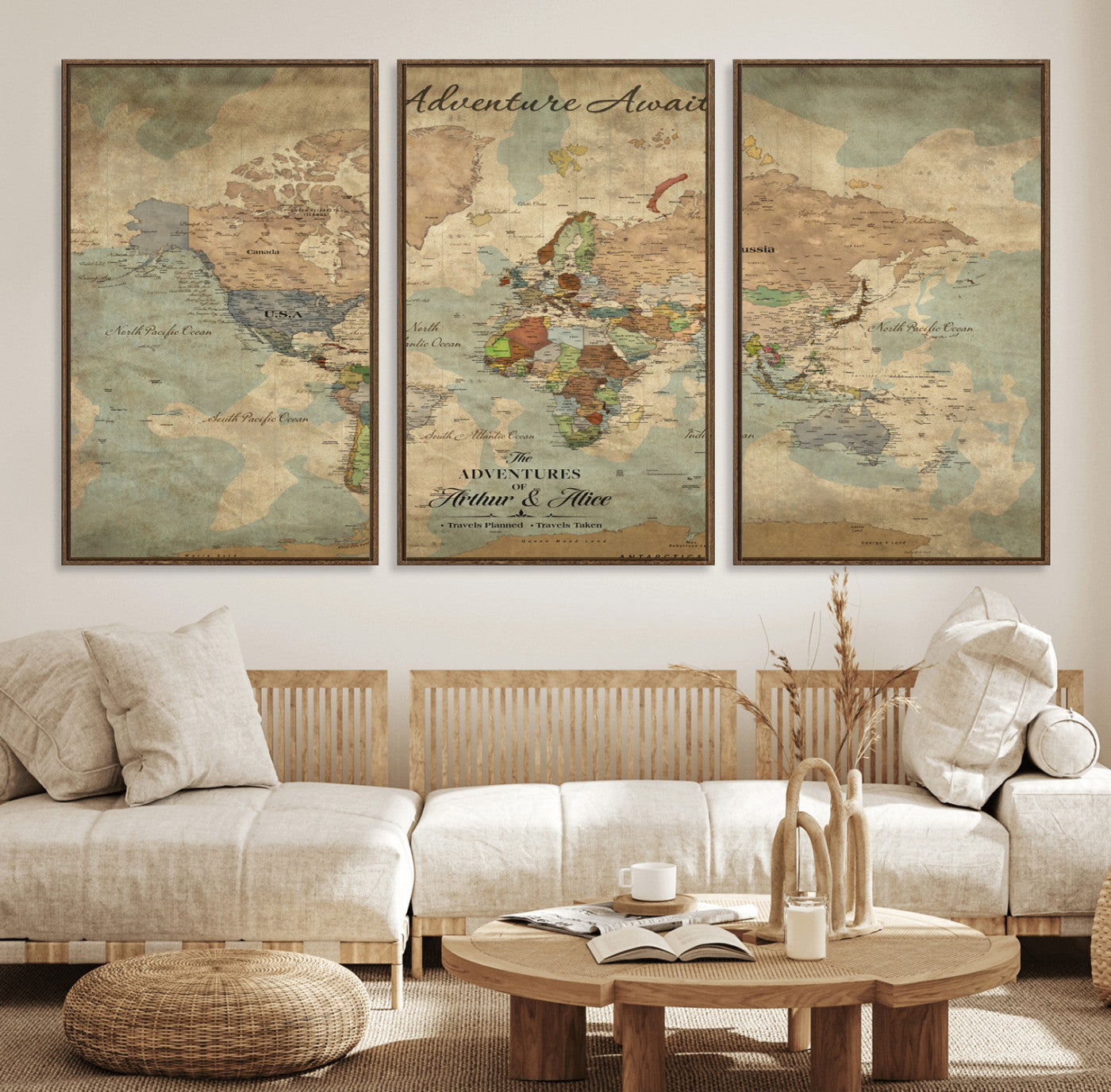 Rehber01-MGV-CV-36X24-Personalized Vintage World Map Canvas Print – Custom Push Pin Travel Map Antique Style Gift for Couples Travelers for Home Office