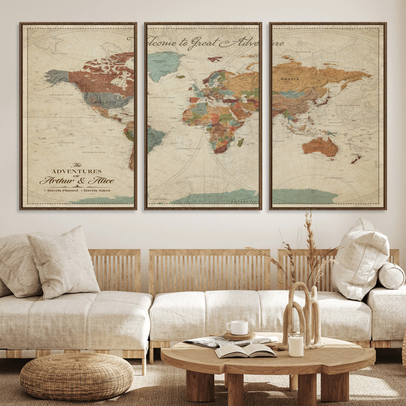 Rehber01-MGV-CV-36X24-Personalized Antique World Map Canvas Print – Custom Push Pin Travel Map Vintage Gift for Couples Explorers for Home, Office