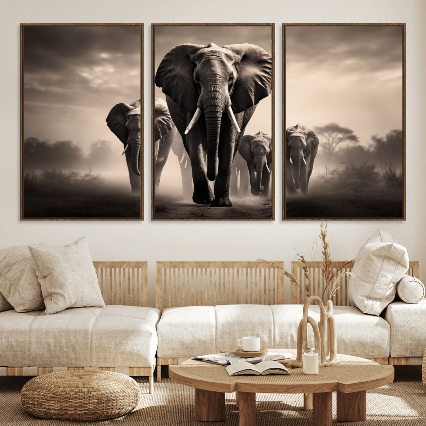 48598F10-MGV-FC-60X30-3P_Walnut-Elephant Family Wall Art Canvas Print, Framed Elephant Wall Art Home Decor