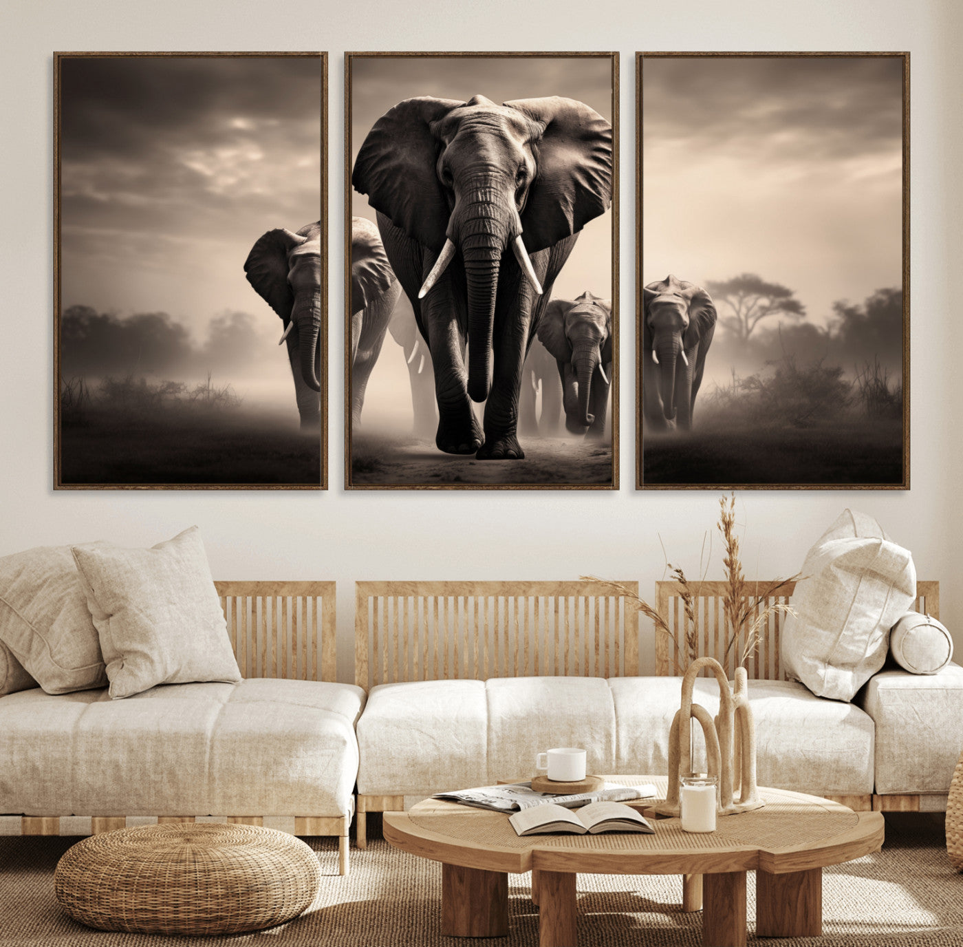 48598F10-MGV-FC-60X30-3P_Walnut-Elephant Family Wall Art Canvas Print, Framed Elephant Wall Art Home Decor