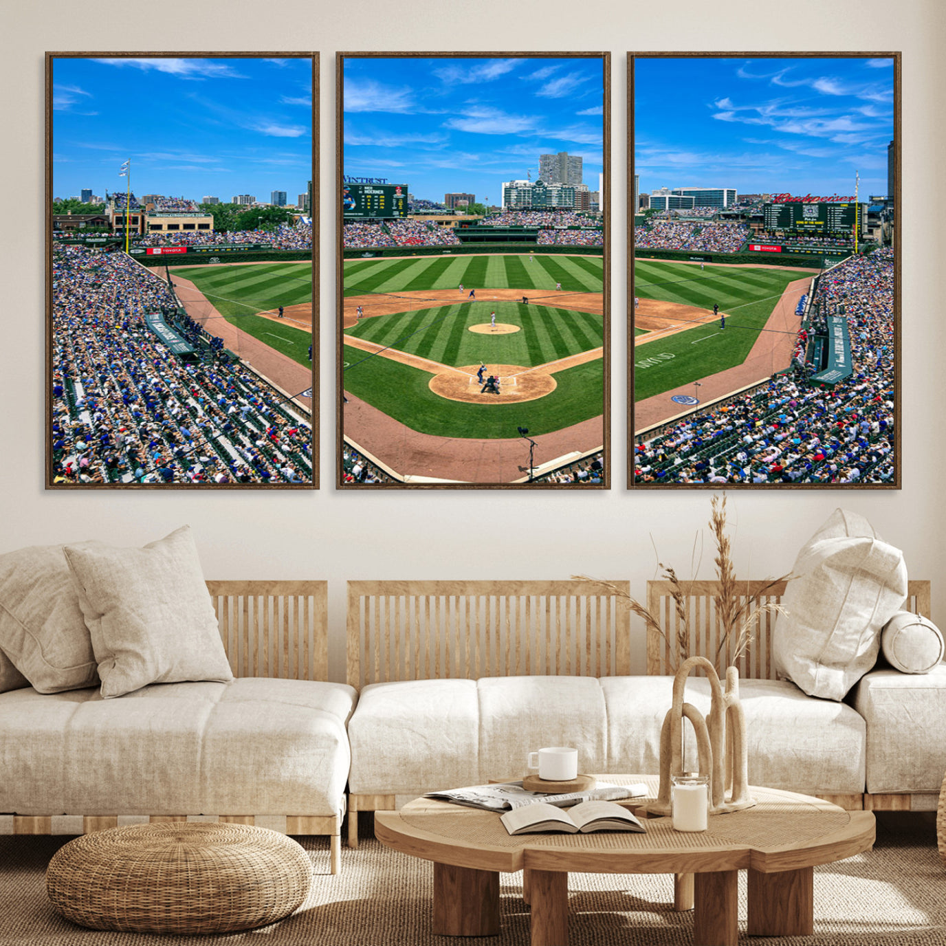 35800083-MGV-FC-60X30-3P - Wrigley Field Baseball Stadium Canvas Wall Art – Packed Crowd Sports Stadium City Skyline Artwork for Home Office