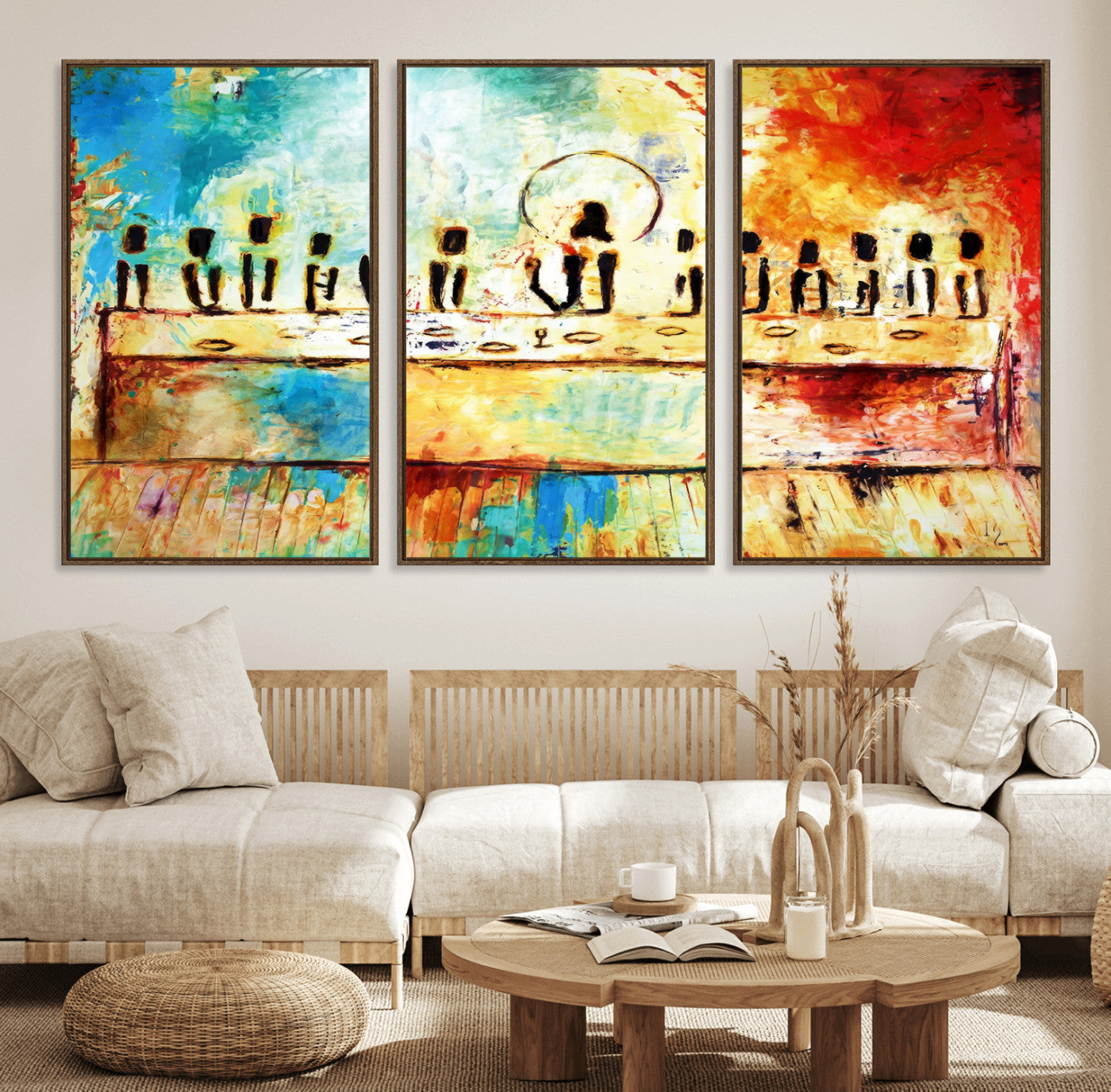 YKE34632598CR-MGV-FC-60X30-3P_Walnut-Abstract Last Supper Wall Art Canvas Print – Apostles Gathering Modern Spiritual Colorful Artwork for home, office