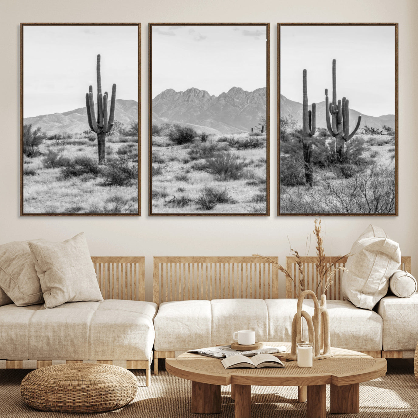 97436PHN-MGV-FC-60X30-3P_Walnut-Black White Arizona Desert Canvas Wall Art Cactus Farmhouse Wall Art