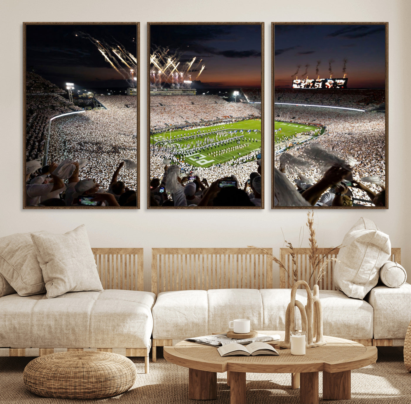 26666-MGV-FC-60X30-3P_Walnut-Penn State Stadium Wall Art Canvas Print – White Out Football Game Framed Sports Stadium Artwork for Home, Office