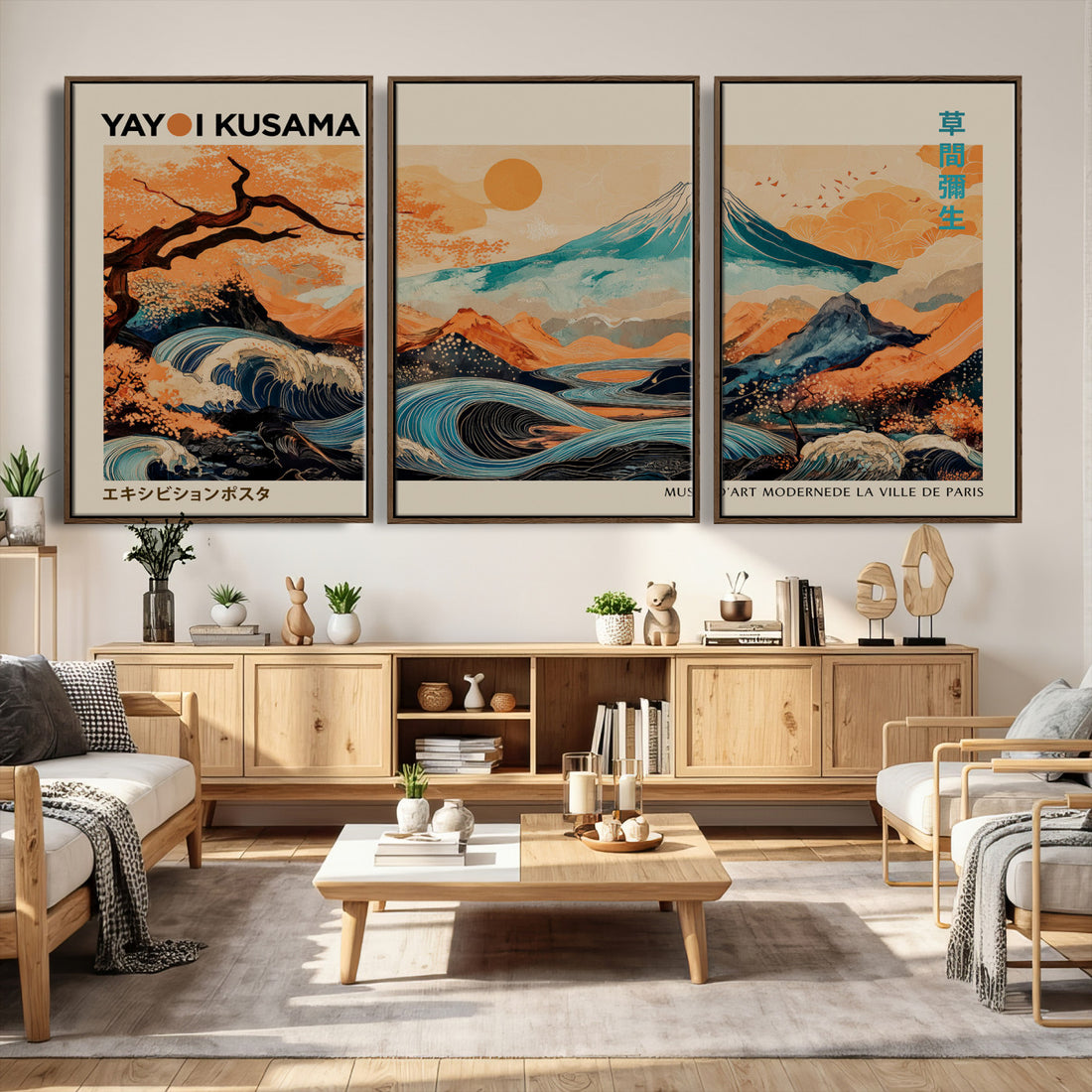 Yayoi Kusama Inspired Japanese Landscape Wall Art Canvas Print, Mount Fuji Waves and Autumn Trees