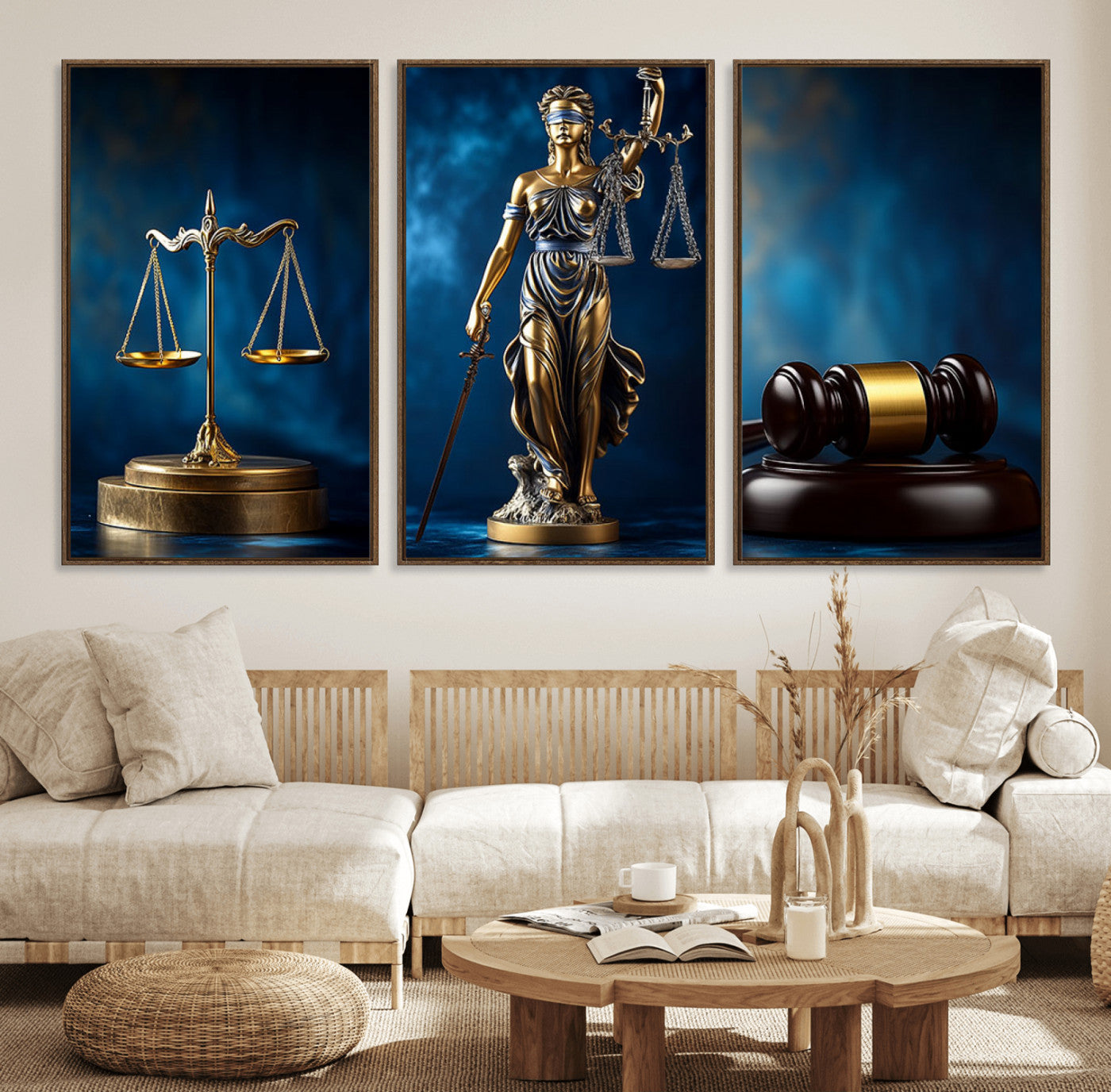91991274-MGV-FC-60X30-3P_Walnut-Justice Scales Statue Wall Art, Lady Justice Canvas Print, Legal Law Sculpture Artwork, Courtroom Decor for Home, Office