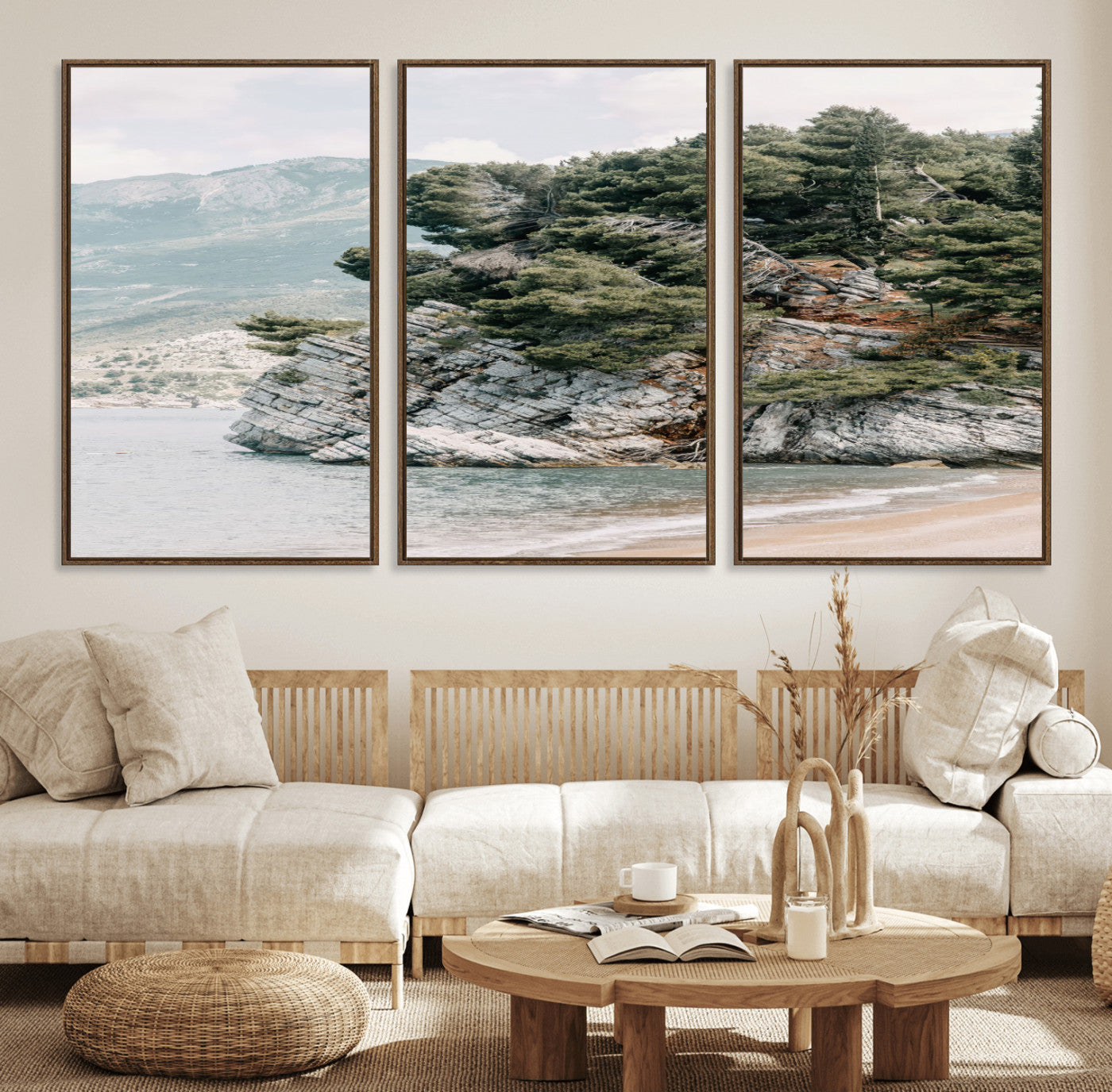 MGV-FC-60X30-3P - Coastal Rock Canvas Wall Art Print, Scenic Beach Landscape, Pine Trees on Rocky Cliff, Large Nature