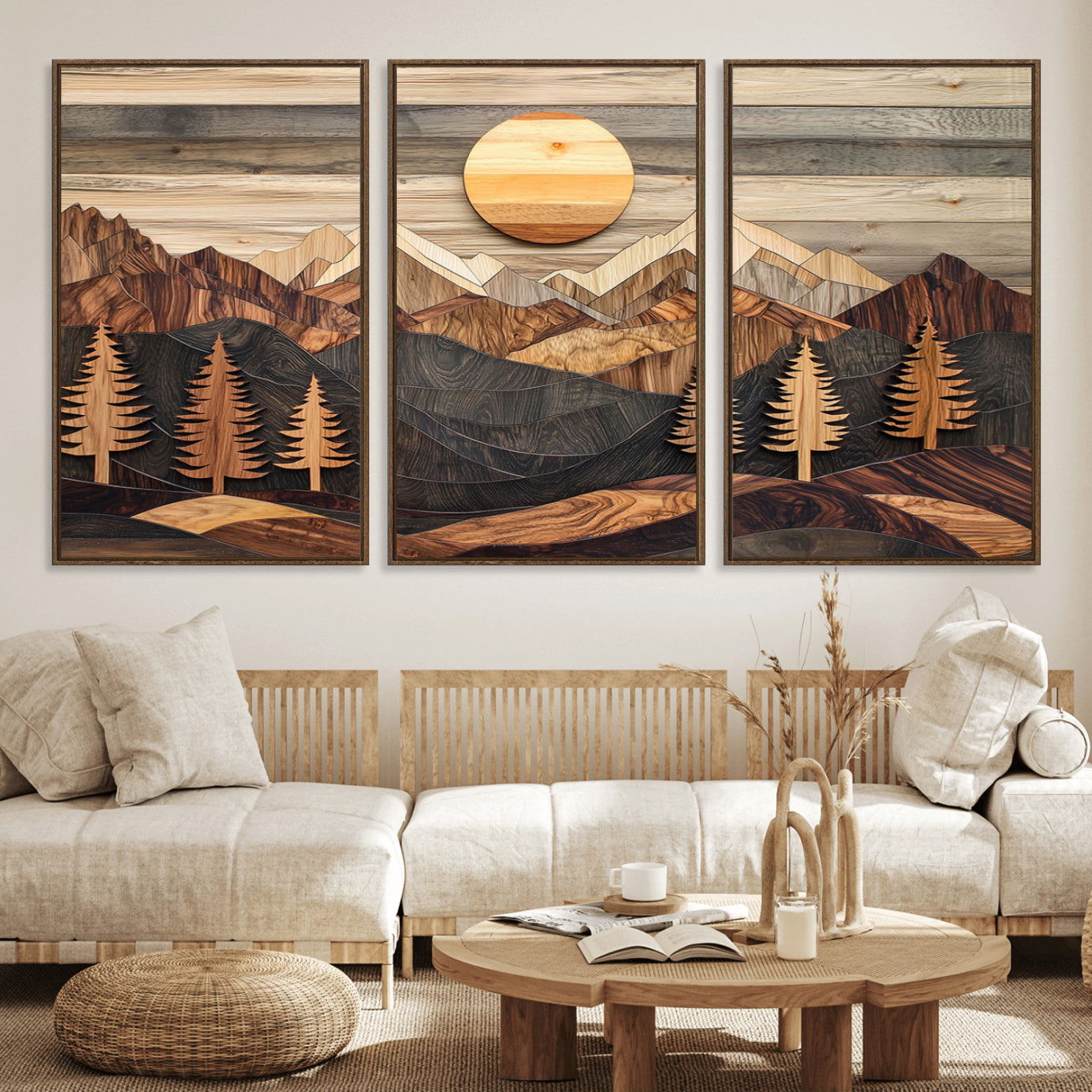 MGV-FC-60X30-3P - Wooden Mountain Layers Canvas Wall Art – Rustic Pine Tree Landscape with Sunlight Artistic Nature