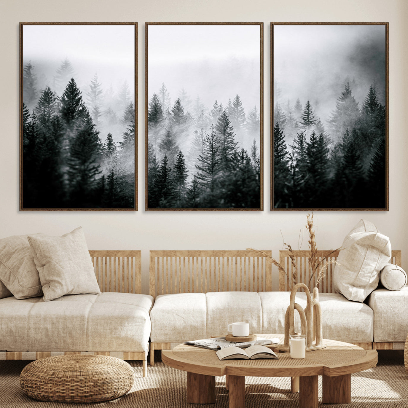 MGV-FC-60X30-3P - Foggy Pine Forest Canvas Wall Art – Black and White Nature Landscape Print, Horizontal Canvas for