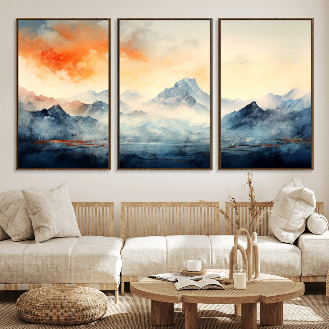 WRM1005-MGV-FC-60X30-3P - Warm Clouds Abstract Mountain Wall Art, Modern Landscape Canvas Print, Minimal Framed Artwork for Home, Office