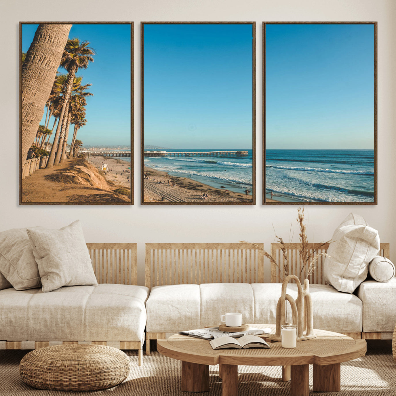 MGV-FC-60X30-3P - Scenic Beach with Tall Palm Trees, Sandy Shore, and Long Pier Stretching into the Calm Ocean Under