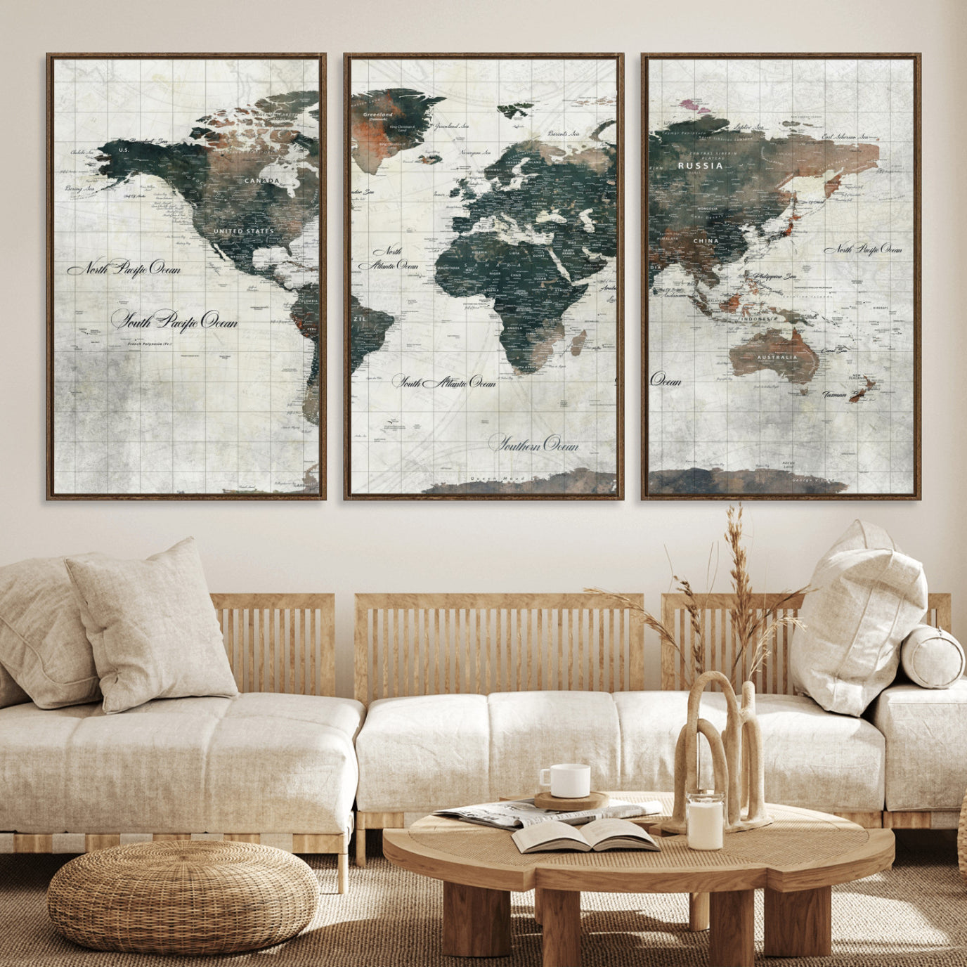 90149079-MGV-FC-60X30-3P - World Map Wall Art Canvas Print, Modern Decorative Framed Map Artwork Prints for Living Room, Office, Bedroom Wall Decor