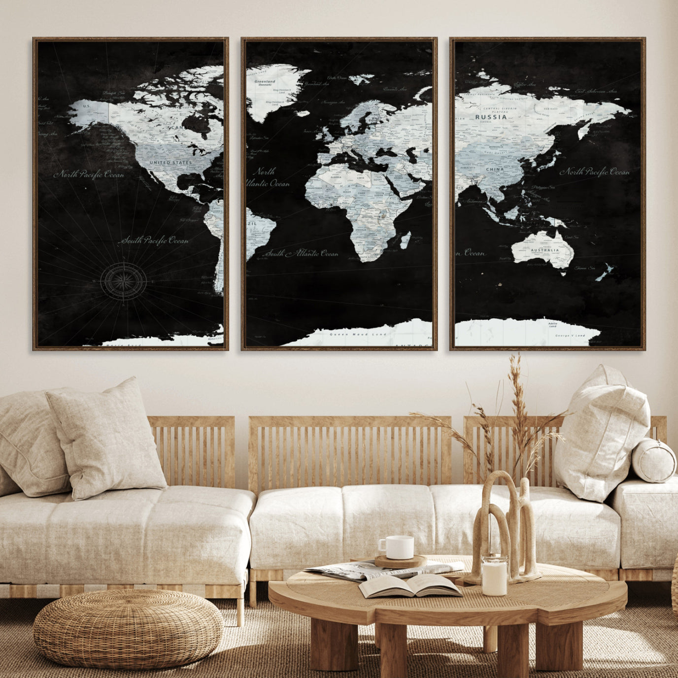 30759283-MGV-FC-60X30-3P - World Map Wall Art Canvas Print, Modern Decorative Framed Map Artwork Prints for Living Room, Office, Bedroom Wall Decor