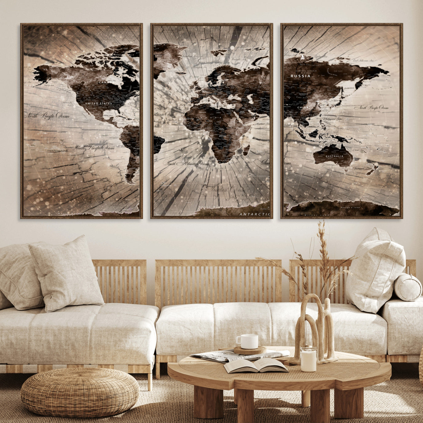 35326624-MGV-FC-60X30-3P - World Map Wall Art Canvas Print, Modern Decorative Framed Map Artwork Prints for Living Room, Office, Bedroom Wall Decor