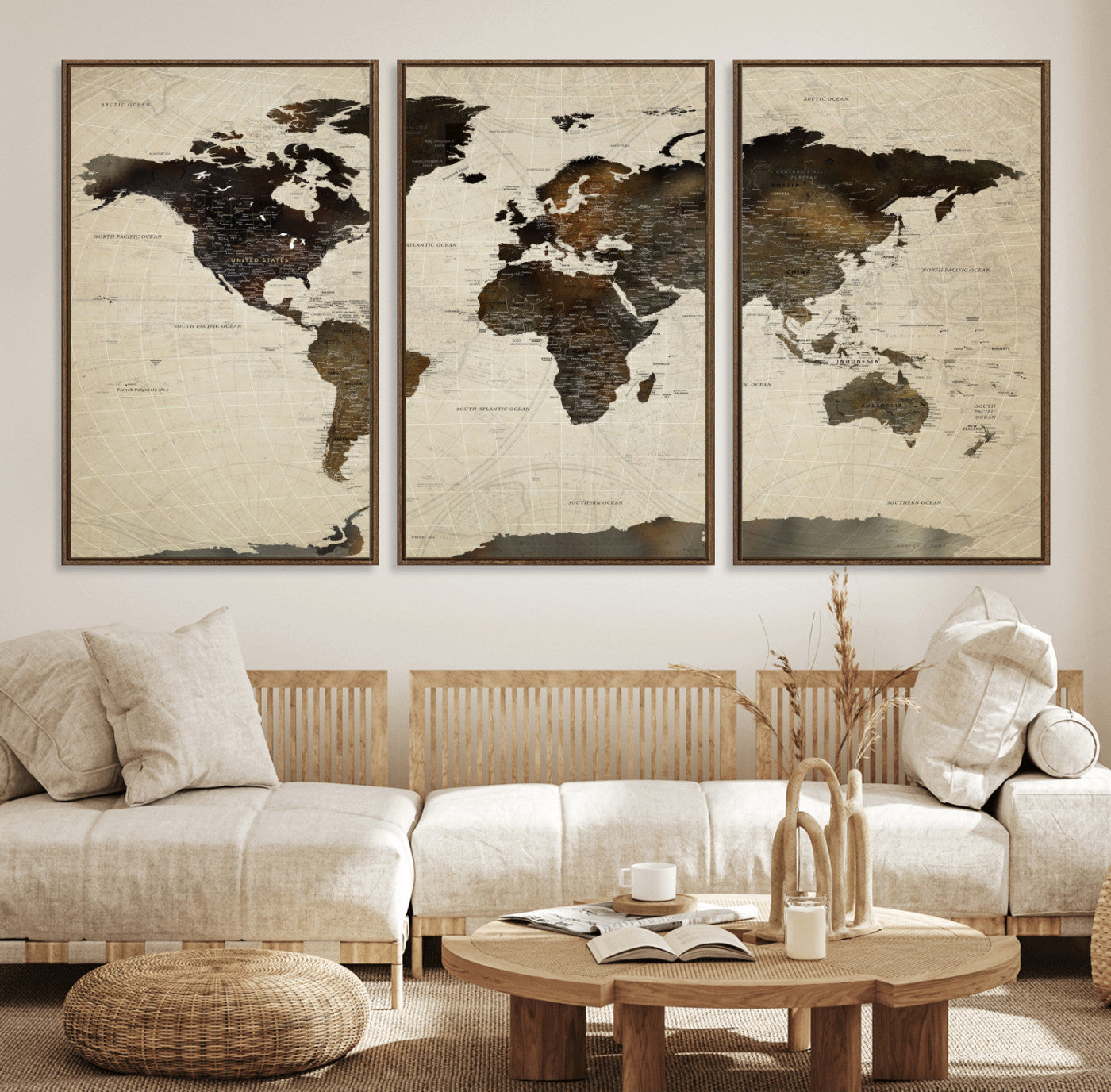 81771296-MGV-FC-60X30-3P - World Map Wall Art Canvas Print, Modern Decorative Framed Map Artwork Prints for Living Room, Office, Bedroom Wall Decor