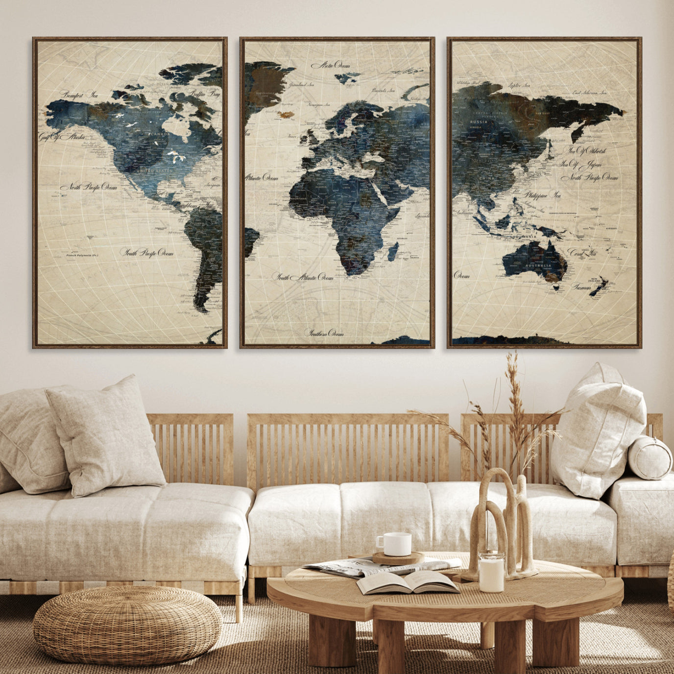 33438443-MGV-FC-60X30-3P - World Map Wall Art Canvas Print, Modern Decorative Framed Map Artwork Prints for Living Room, Office, Bedroom Wall Decor