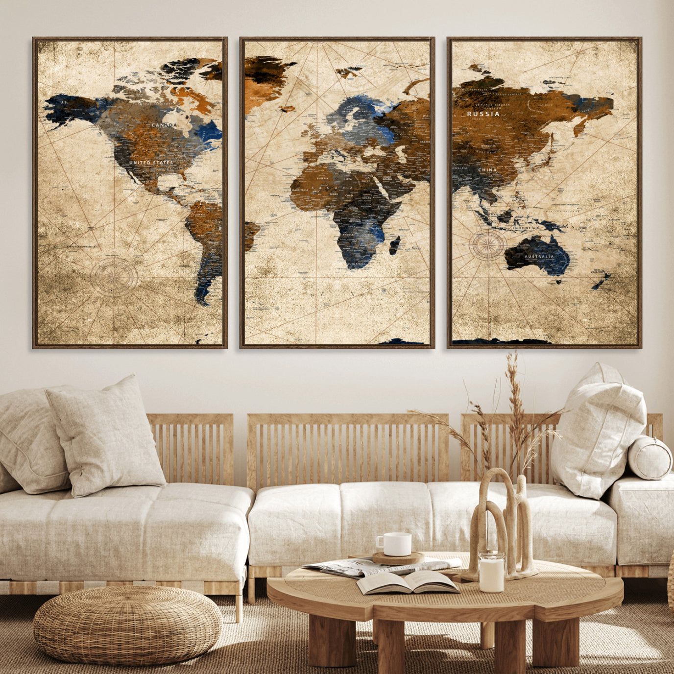 56297284-MGV-FC-60X30-3P - World Map Wall Art Canvas Print, Modern Decorative Framed Map Artwork Prints for Living Room, Office, Bedroom Wall Decor