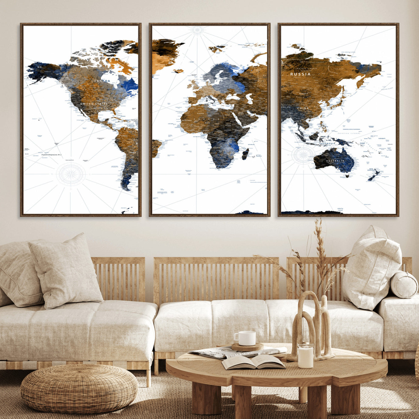 40862517-MGV-FC-60X30-3P - World Map Wall Art Canvas Print, Modern Decorative Framed Map Artwork Prints for Living Room, Office, Bedroom Wall Decor
