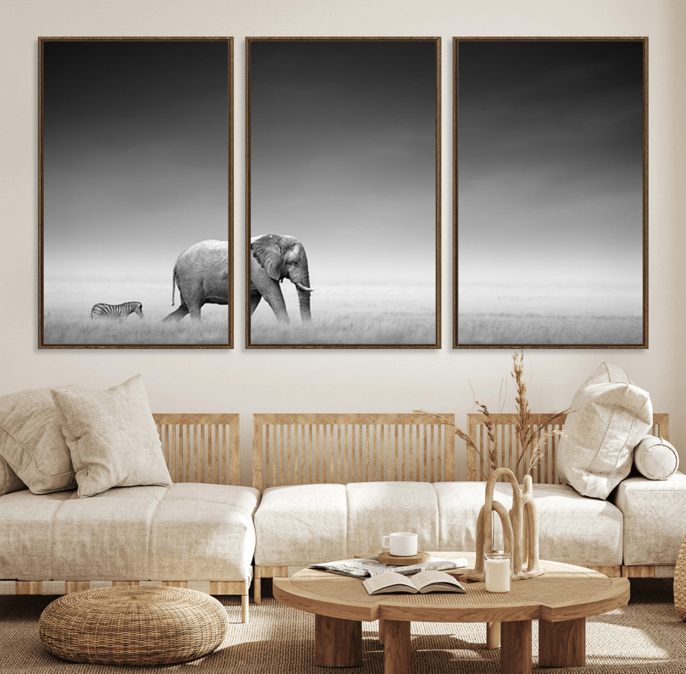 87639-MGV-FC-60X30-3P_Walnut-Elephand and Zebra Wall Art Canvas Print, Modern Artwork