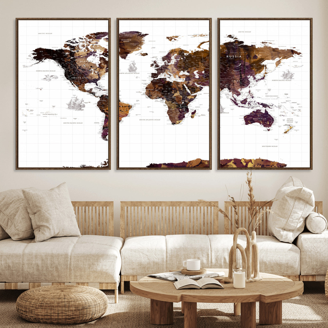 34792695-MGV-CV-36X24 - World Map Wall Art Canvas Print, Modern Decorative Framed Map Artwork Prints for Living Room, Office, Bedroom Wall Decor
