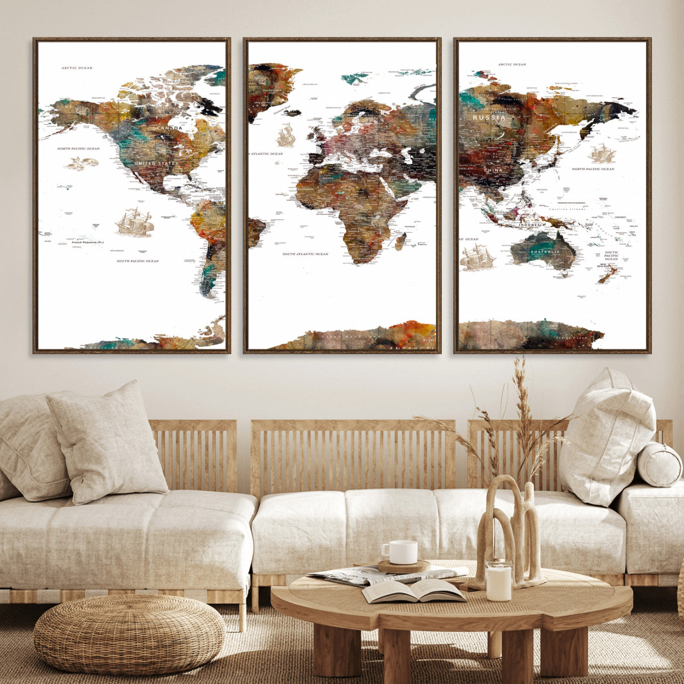 82293175-MGV-CV-36X24 - World Map Wall Art Canvas Print, Modern Decorative Framed Map Artwork Prints for Living Room, Office, Bedroom Wall Decor