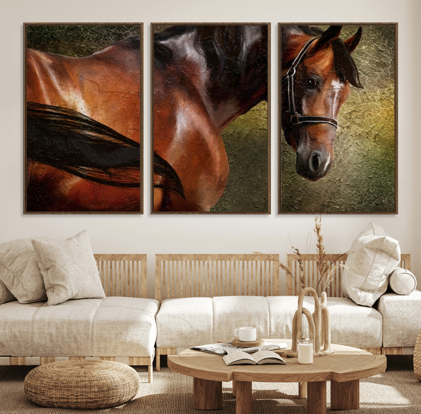 76810-MGV-FC-60X30-3P_Walnut-Majestic Brown Horse Wall Art Canvas Print – Framed Equestrian Artwork with Elegant Stallion Artwork for Home or Office Decor