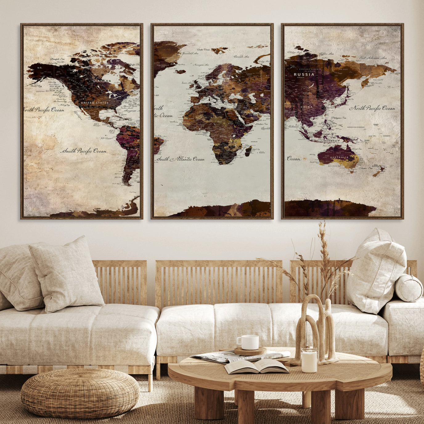 50611123-MGV-CV-36X24 - World Map Canvas Triptych – Colorful Global Wall Art for Living Rooms, Offices, and Study Spaces
