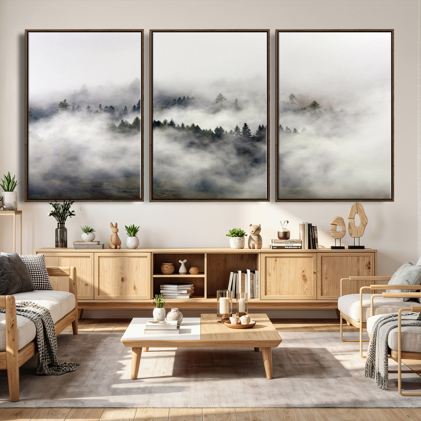 63235457-MGV-CV-36X24 - Foggy Forest Wall Art Canvas Print, Misty Pine Tree Landscape Wall Art Print, Framed Wall Art Ready to Hang