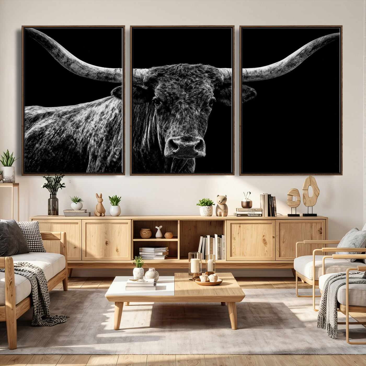 86568508-MGV-CV-36X24 - Vintage Texas Longhorn Bull Wall Art Canvas Print, Texas Cow Portrait Print, Framed Bull Wall Art Ready to Hang