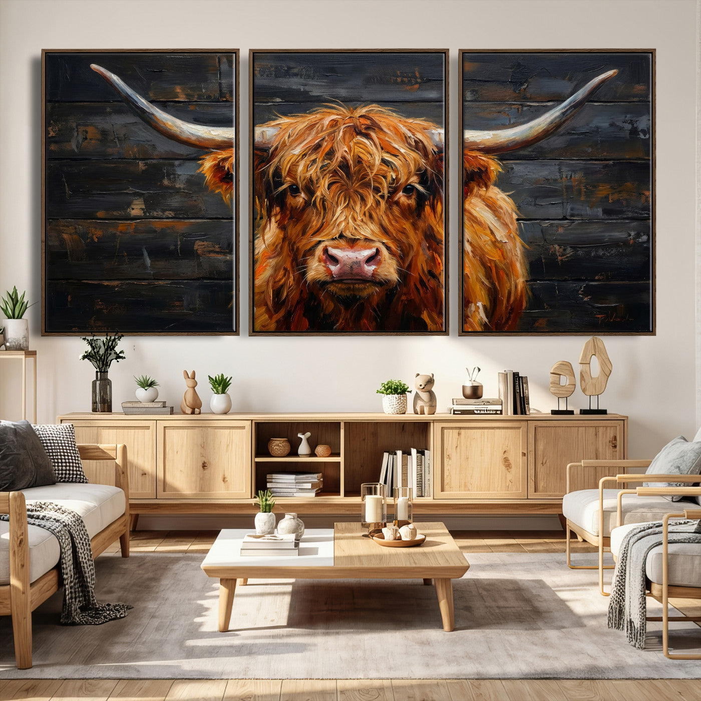 32536611-MGV-CV-36X24 - Highland Cow Wall Art Canvas Print, Rustic Farm Animal Painting, Framed Wall Art Ready to Hang