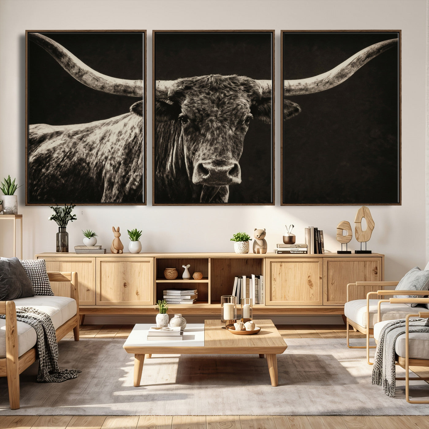 74513721-MGV-CV-36X24 - Vintage Texas Longhorn Bull Wall Art Canvas Print, Cow Portrait Photography Print, Framed Wall Art Ready to Hang