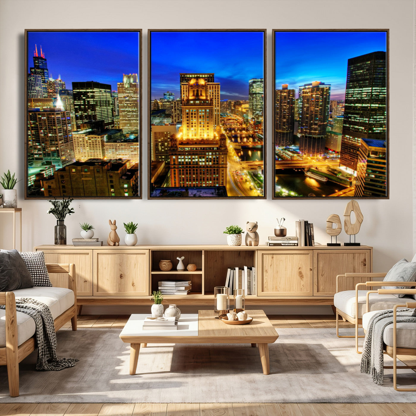 46298885-MGV-CV-36X24 - Chicago Wall Art Canvas Print, Chicago City Downtown Night Cityscape Print for Modern Urban Wall Decor