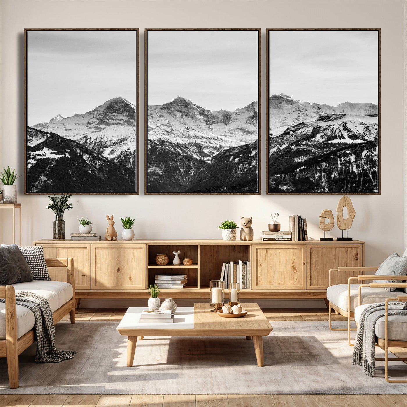 85684934-MGV-CV-36X24 - Black and White Mountain Wall Art Canvas Print, Snowy Alpine Peaks Landscape Photography, Minimal Monochrome Mountain Art, Scenic Nature Wall Decor