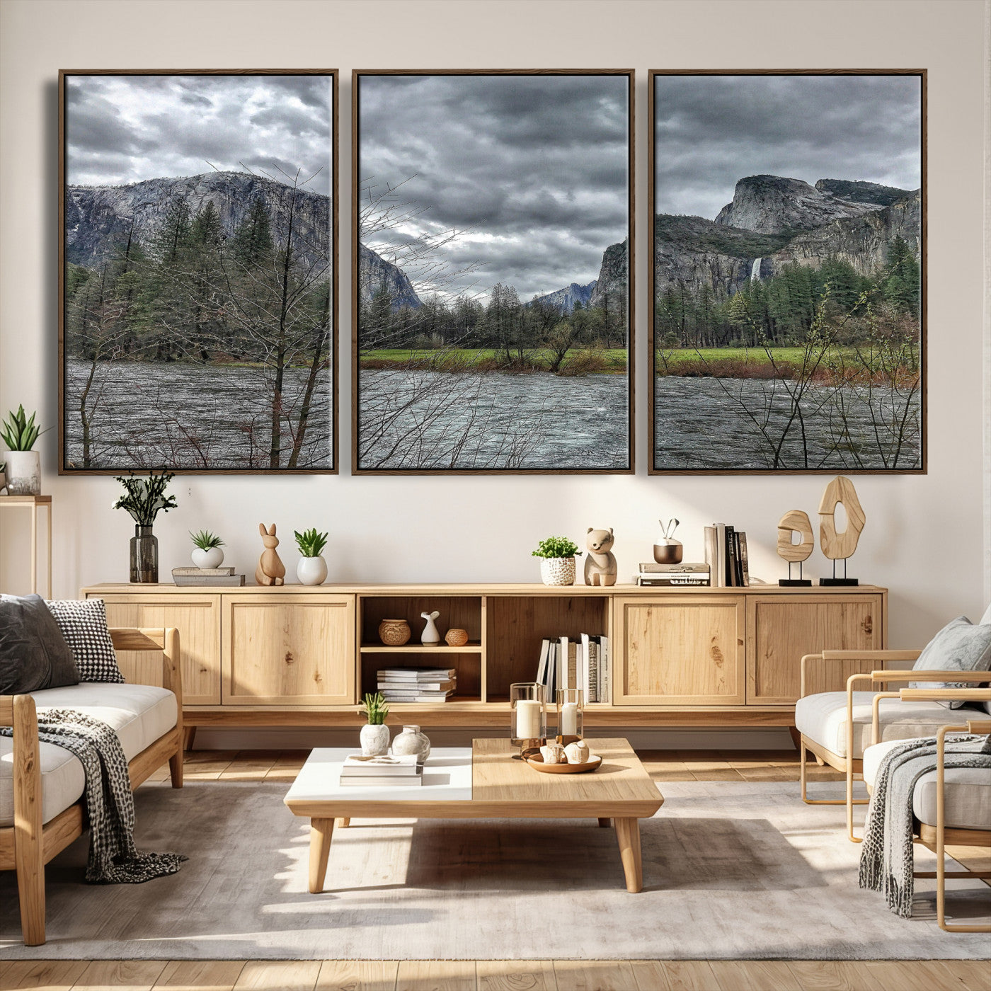 75582552-MGV-CV-36X24 - Yosemite Valley River Landscape Wall Art Canvas Print, Granite Cliffs Forest River Canvas Print, California National Park Moody Scenic Art Printi