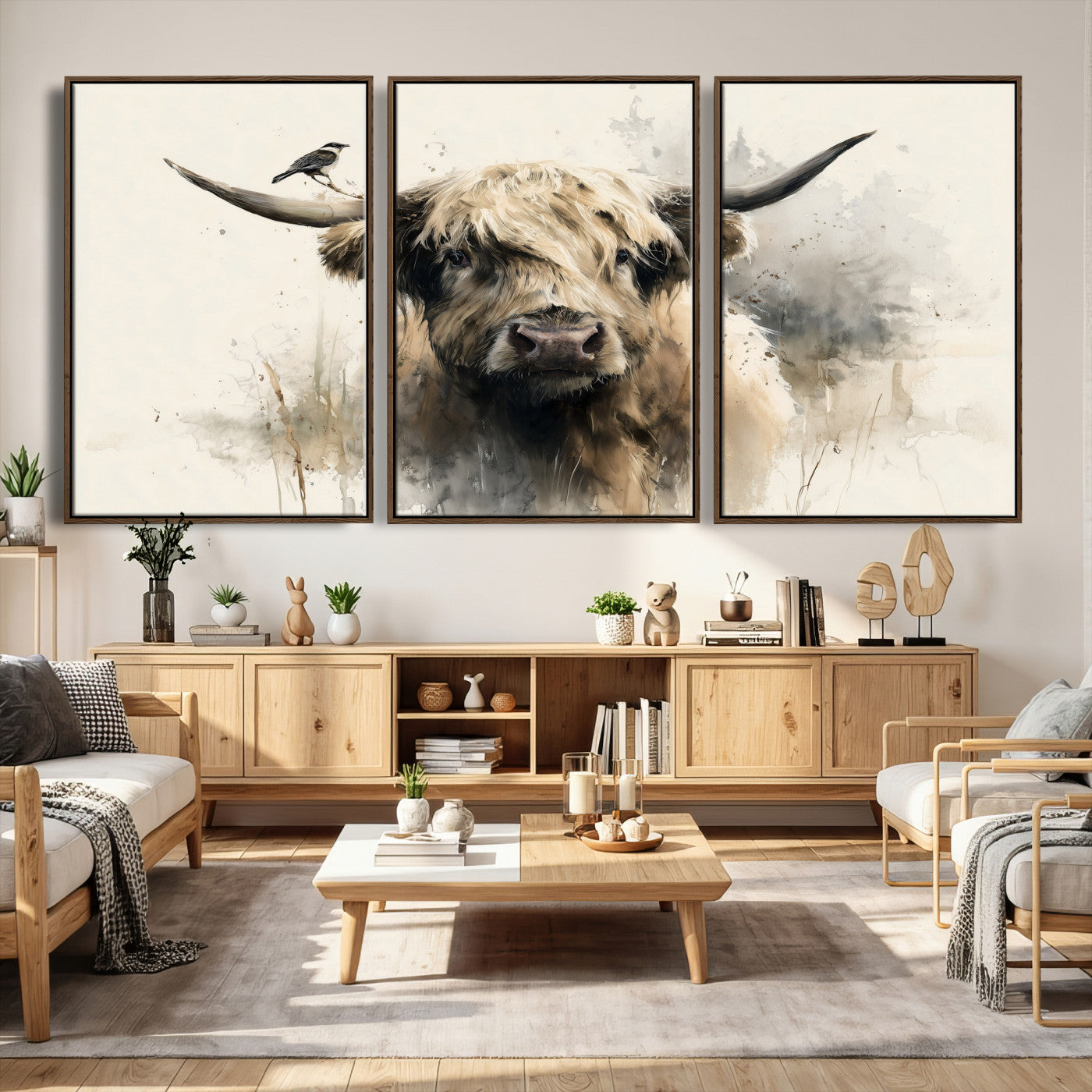 98249290-MGV-CV-36X24 - Abstract Highland Cow Watercolor Animal Wall Art Canvas Print, Rustic Farm Cattle Portrait Canvas Print, Neutral Wildlife Farmhouse Art Printing