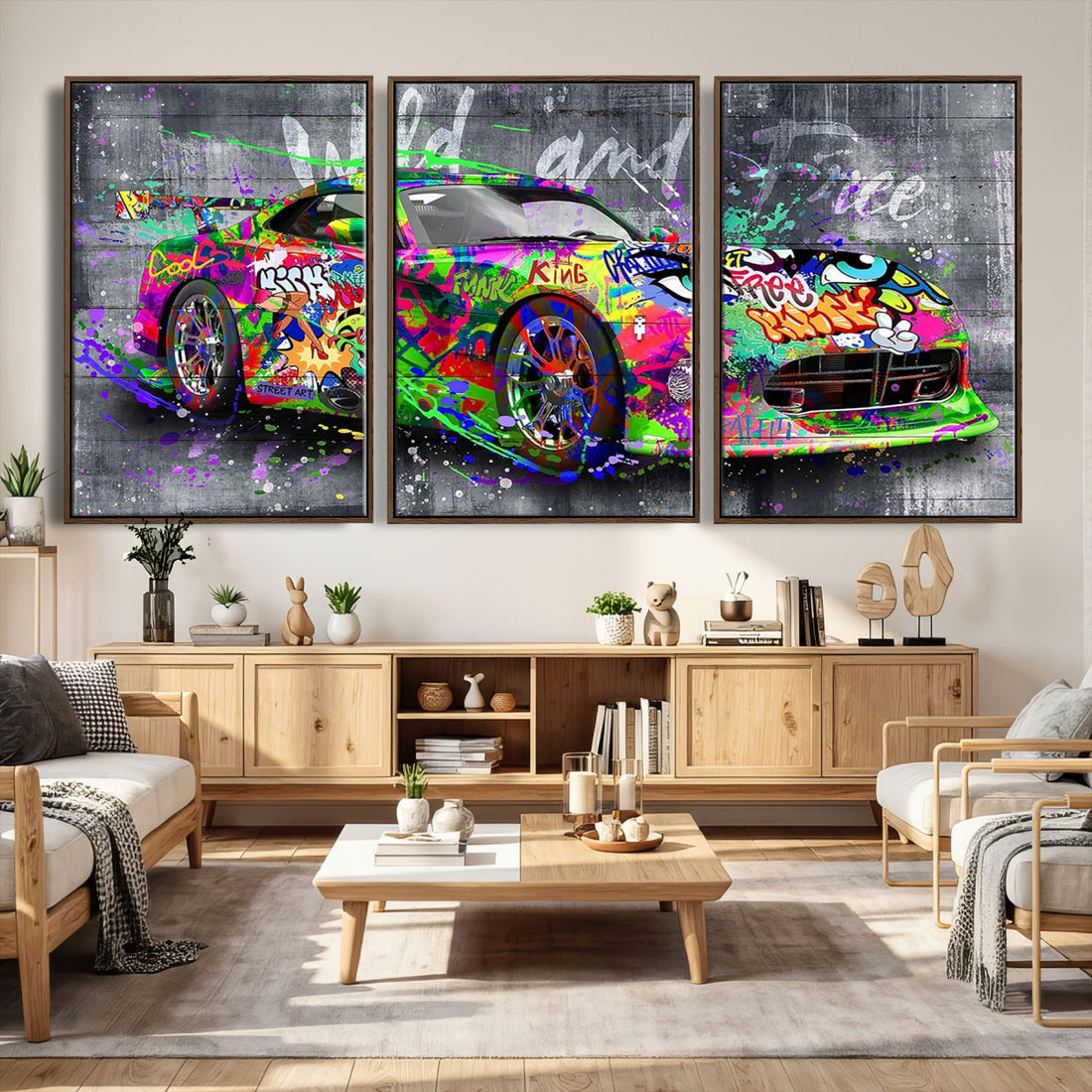 Graffiti Sports Car Street Art Wall Art Canvas Print, Colorful Urban Pop Art