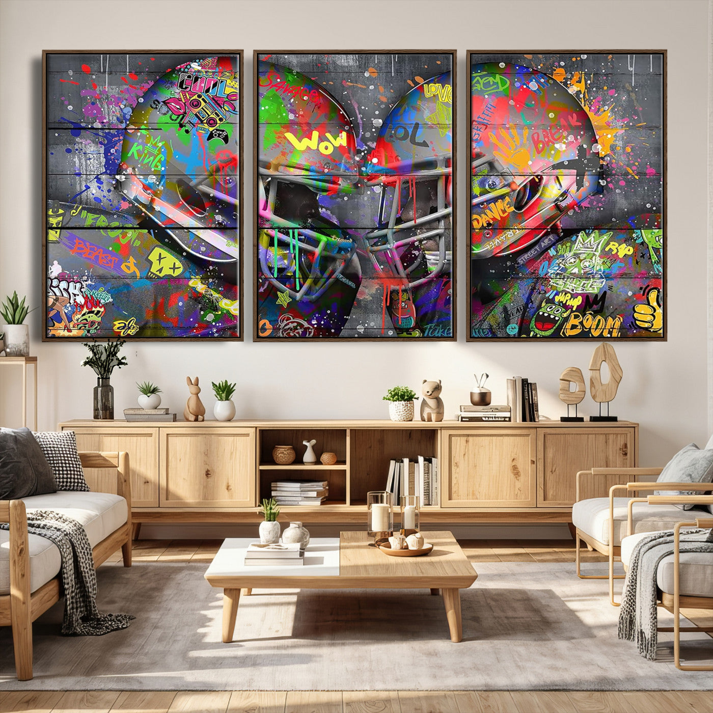 15309853-MGV-CV-36X24 - Graffiti Football Helmets Wall Art Canvas Print, Urban Street Art Sports Decor, Colorful American Football Graffiti Artwork