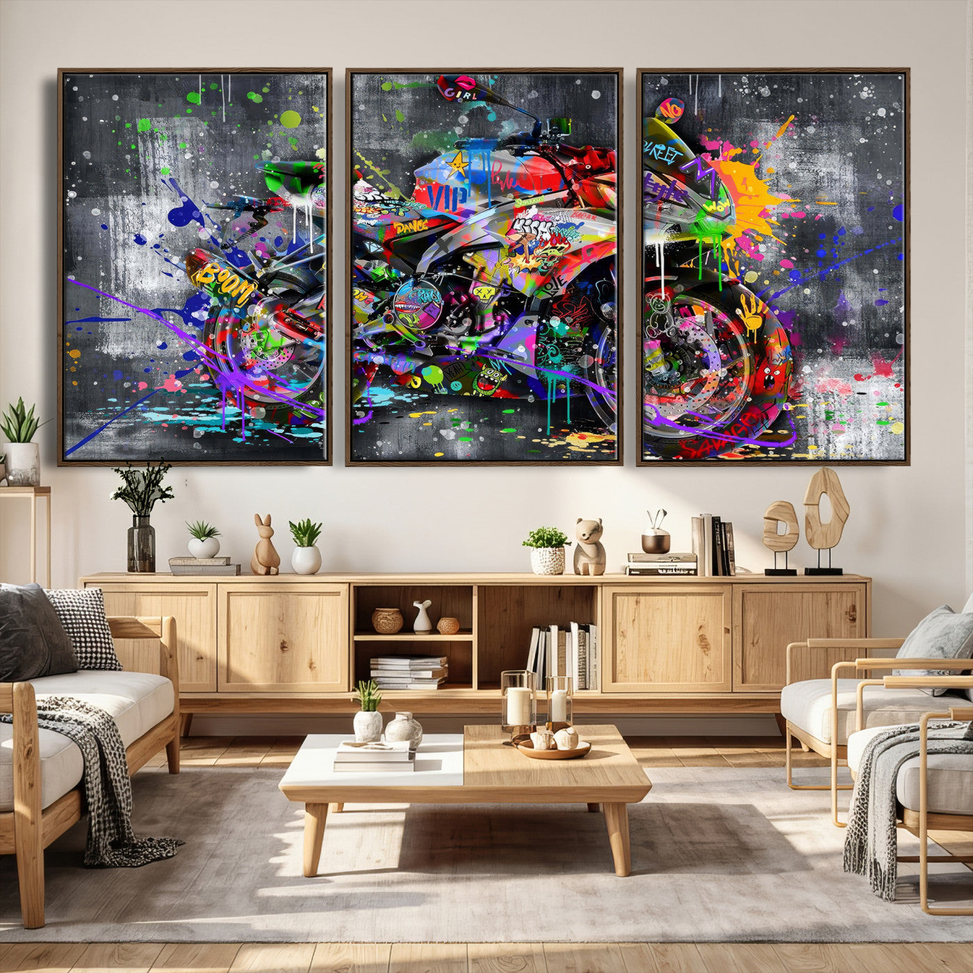 83021767-MGV-CV-36X24 - Graffiti Motorcycle Wall Art Canvas Print, Urban Street Art Motorbike Decor, Colorful Graffiti Sports Bike Artwork