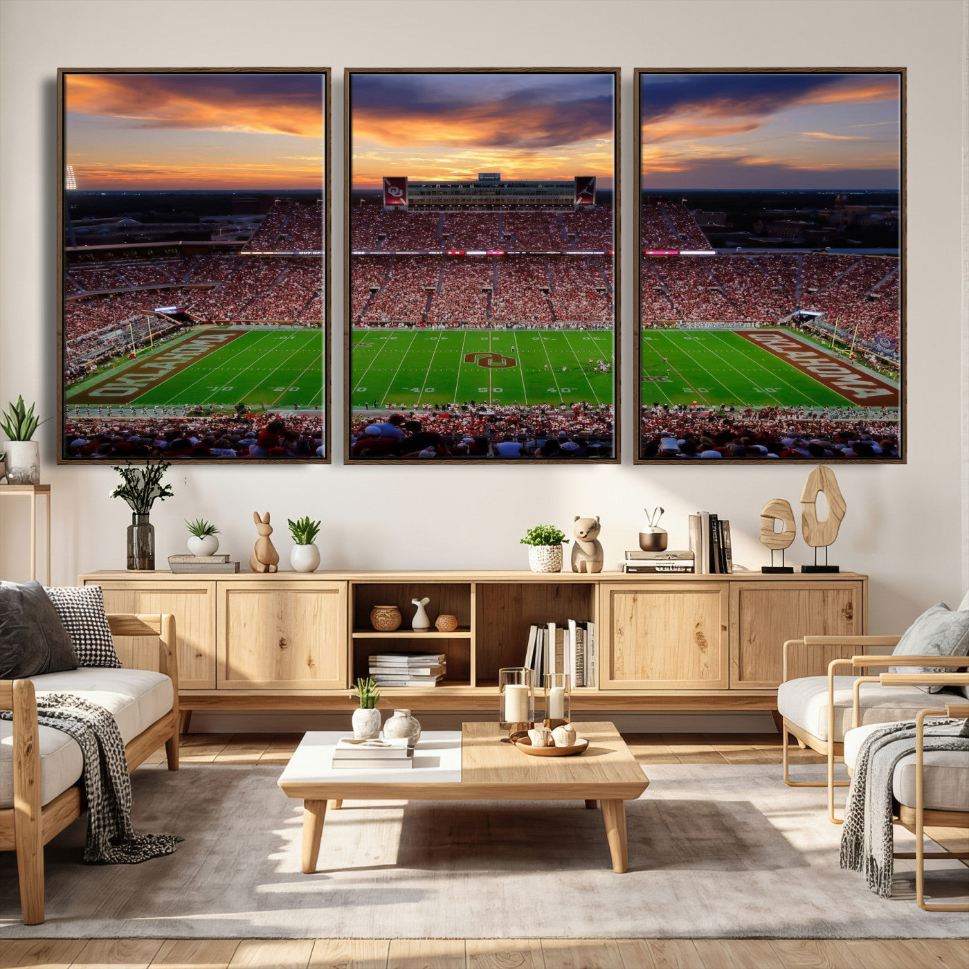 51457497-MGV-CV-36X24 - Oklahoma Sooners Stadium Wall Art Canvas Print, College Football Sunset Game Scene, OU Football Field Panorama Wall Decor
