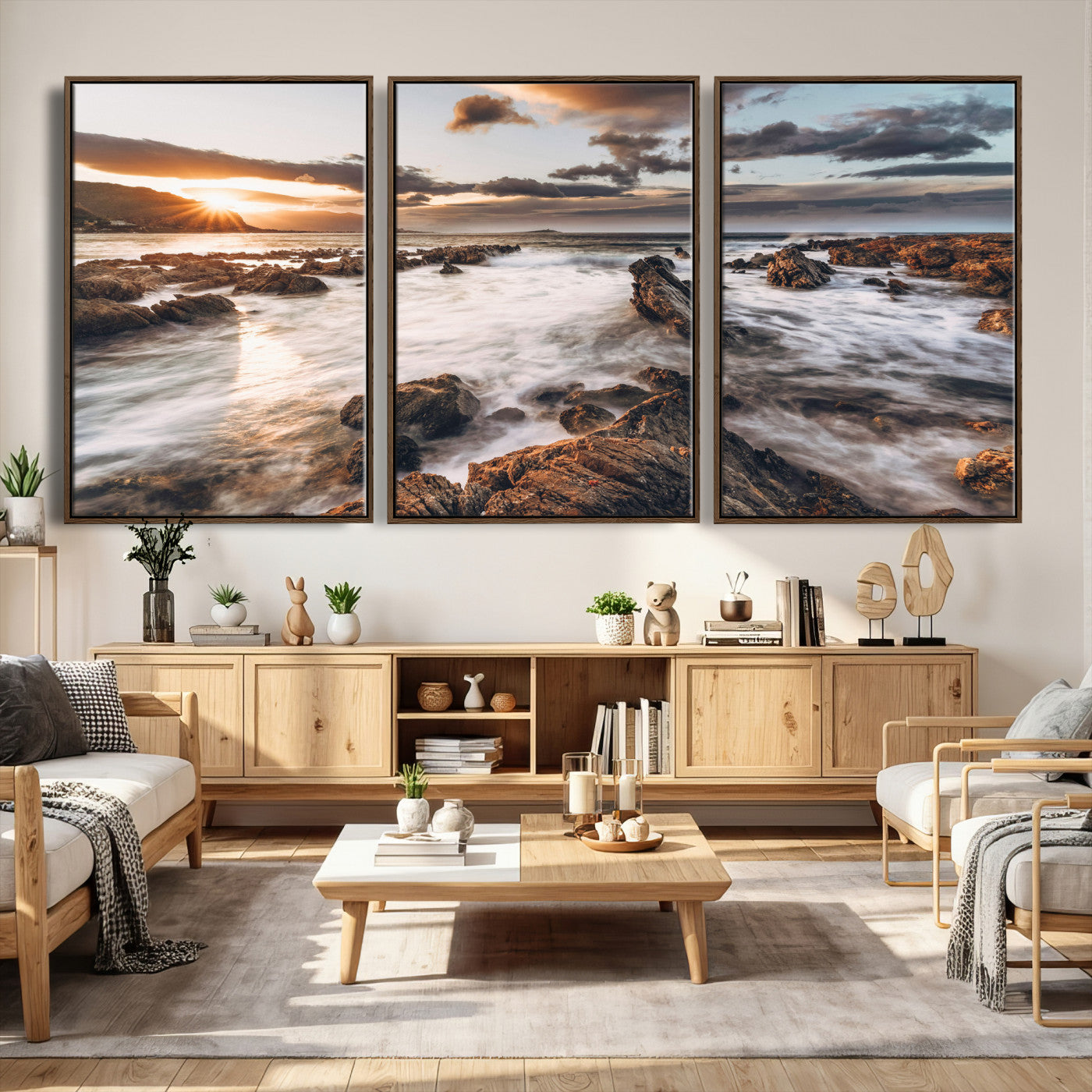 66746024-MGV-CV-36X24 - Rocky Coast Ocean Sunset Wall Art Canvas Print, Dramatic Seascape Nature Wall Decor for Living Room and Office