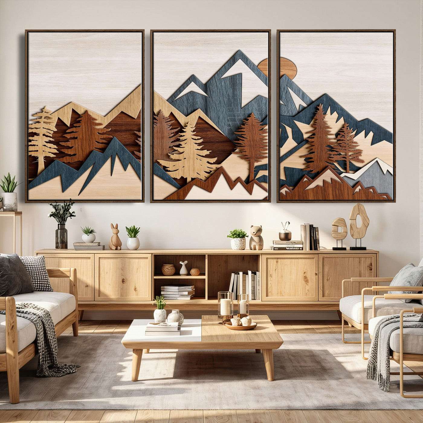 39888898-MGV-CV-36X24 - Layered Wooden Mountain Wall Art Canvas Print, Modern Rustic Forest and Pine Landscape Wall Decor