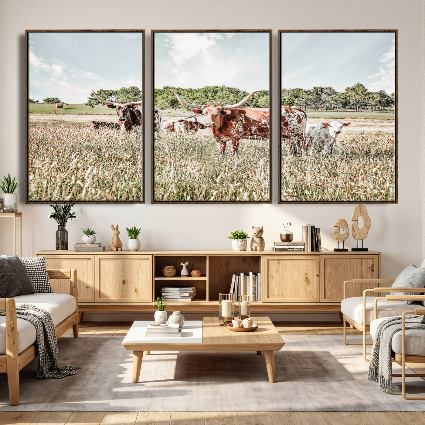 21823552-MGV-CV-36X24 - Texas Longhorn Cattle Wall Art Canvas Print, Rustic Ranch Landscape Artwork, Western Farm Field Scene, Country Prairie Animal Canvas Wall Art