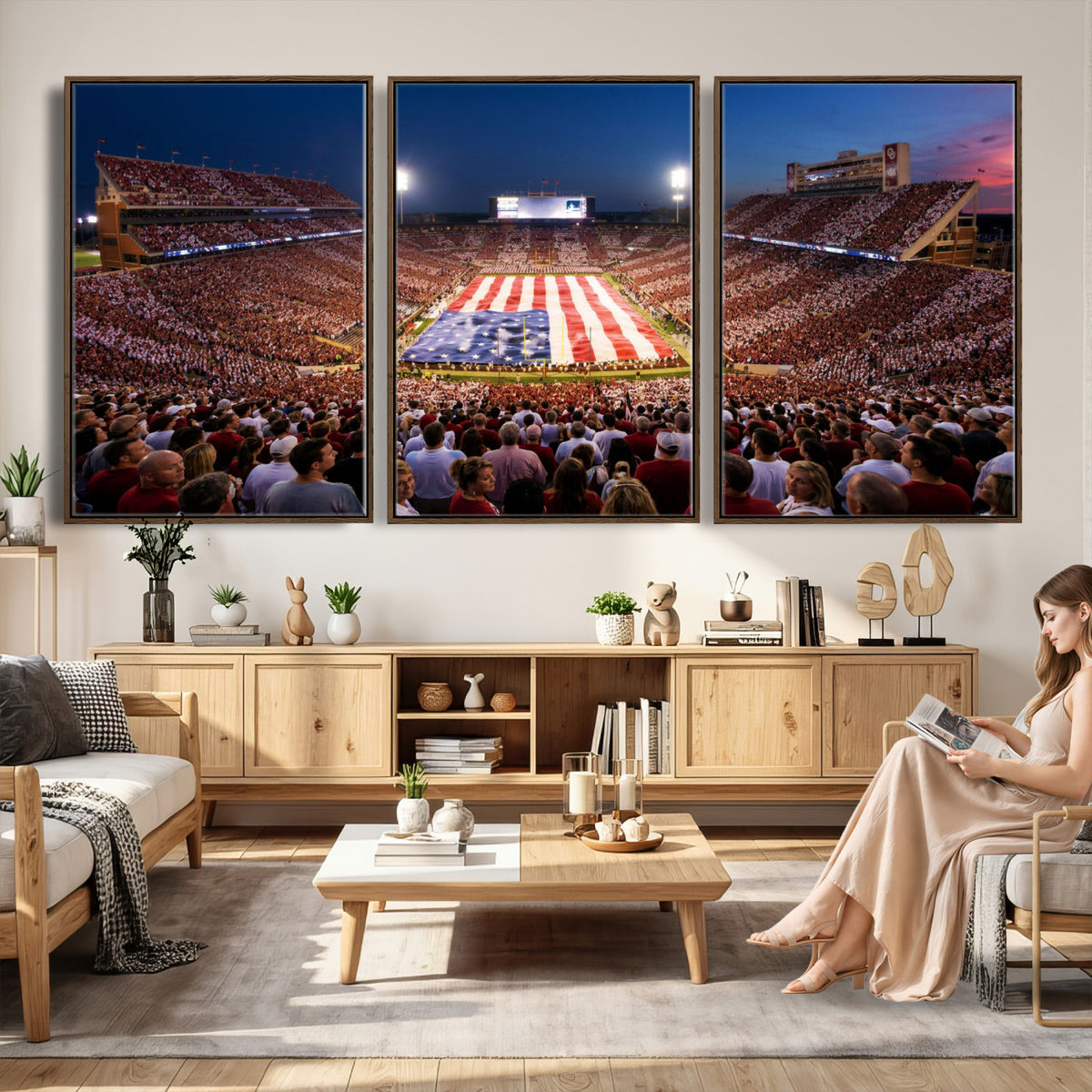 59917418-MGV-CV-36X24 - Oklahoma Memorial Stadium Wall Art Canvas Print – Oklahoma Sooners Football Artwork for Home, Office, and Sports Room Decor