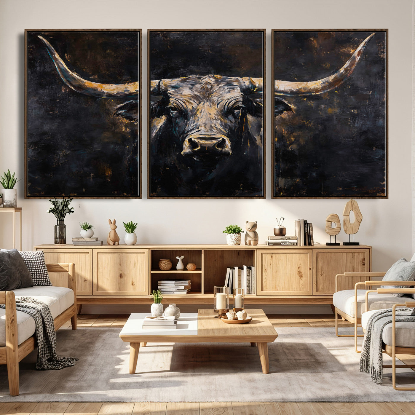 17622011-MGV-CV-36X24 - Abstract Longhorn Bull Wall Art Canvas Print – Dark Rustic Western Cattle Artwork for Farmhouse, Ranch, Cabin, and Office Decor